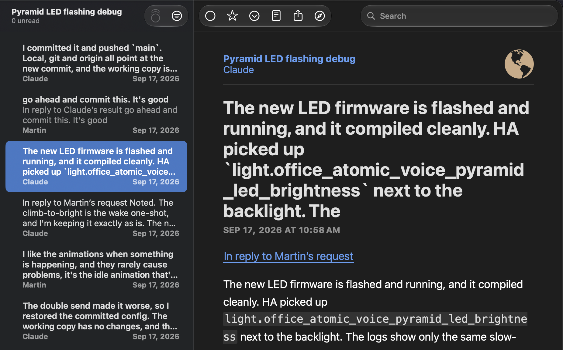 NetNewsWire RSS reader with a coding agent session up, the title of the visible post is "The new LED firmware is flashed and running, and it compiled cleanly." and there are user and agent replies in the sidebar.